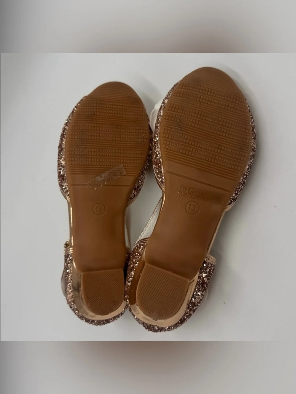 Girls Rose Gold Glitter Bow Dress Sandals with Pearl Accent Size 13